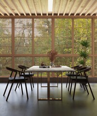 Oriental, luxury dining room with white marble top dining table and wooden chair, dracaena tree in sunlight from shoji window wall for interior design decoration, product background 3D