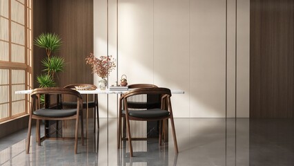 Oriental, luxury wood panelling wall dining room with white marble top dining table and wooden chair, dracaena tree in sunlight from shoji window for interior design decoration, product background 3D