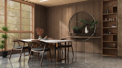 Oriental, luxury wood panelling wall dining room with white marble top dining table and wooden chair, bonsai tree in sunlight from shoji window for interior design decoration, product background 3D