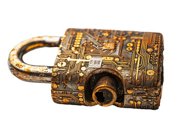 Golden padlock with integrated electronic circuit isolated on transparent background