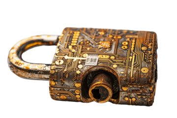 Golden padlock with integrated electronic circuit isolated on transparent background