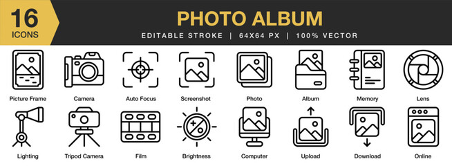 Photo Album icon set. Editable Stroke Icon Collection. Includes album, autofocus, camera, film, lens, memory, tripod camera, and More. Outline icons vector collection.
