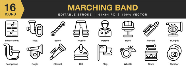 Marching Band icon set. Editable Stroke Icon Collection. Includes baton, clarinet, cymbar, piccolo, trumpet, tuba, saxophone, and More. Outline icons vector collection.