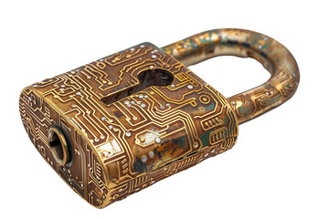 Golden padlock with integrated electronic circuit isolated on transparent background