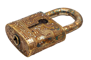 Golden padlock with integrated electronic circuit isolated on transparent background