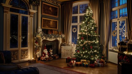 Fototapeta premium A beautifully decorated Christmas tree stands tall in a grand room, adorned with lights and ornaments, surrounded by gifts and the warm glow of fireplace light