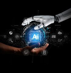 Chat with AI or Artificial Intelligence. Young businessman chatting with a smart AI or artificial...