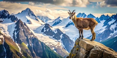 Obraz premium Mountain goat standing on rocky cliff with snow-capped peaks in the background, mountain, goat, wildlife, nature, hills