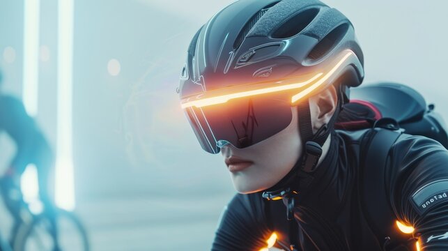 Advanced AR navigation helmet for cyclists, prioritizing road safety and augmented reality. - Powered by Adobe