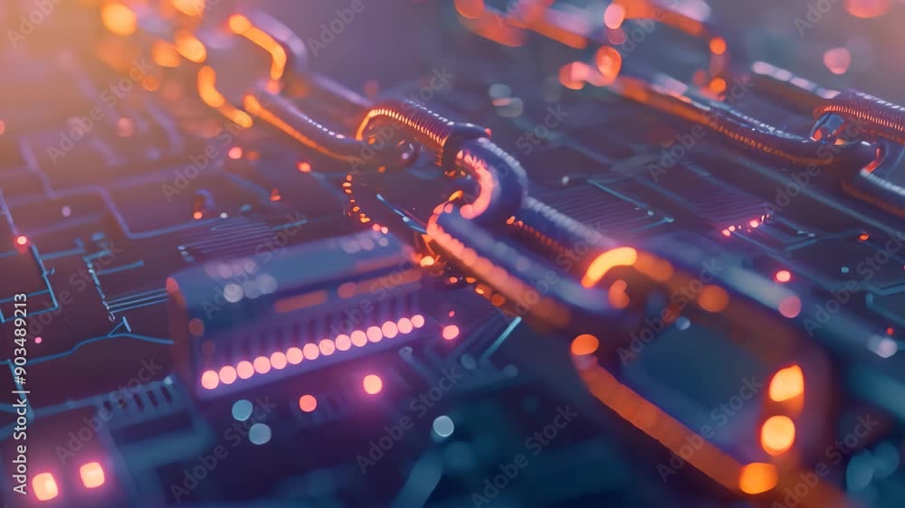 Poster detailed view of a chain securing a computer, representing end-to-end encryption for cybersecurity, 