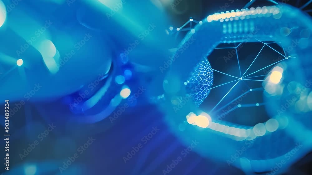 Poster detailed view of a blue chain against a black backdrop, representing the concept of end-to-end encry
