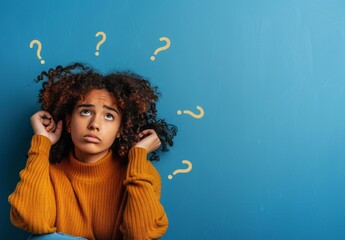 A girl in an orange sweater looks upward with a confused expression, surrounded by floating question marks on a teal background, embodying curiosity and bewilderment.