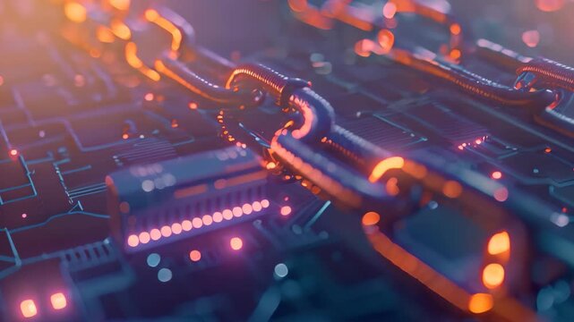 Detailed view of a chain securing a computer, representing end-to-end encryption for cybersecurity, Representing the concept of end-to-end encryption for secure communication channels
