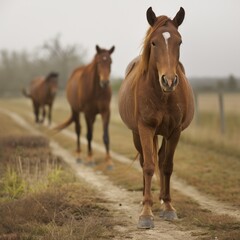 Tranquil Rural Landscape with Three Brown Horses Walking on a Dirt Path â€“ Nature and Farm Life Scene
