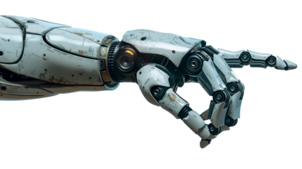 Robot hand pointing with index finger isolated on transparent background