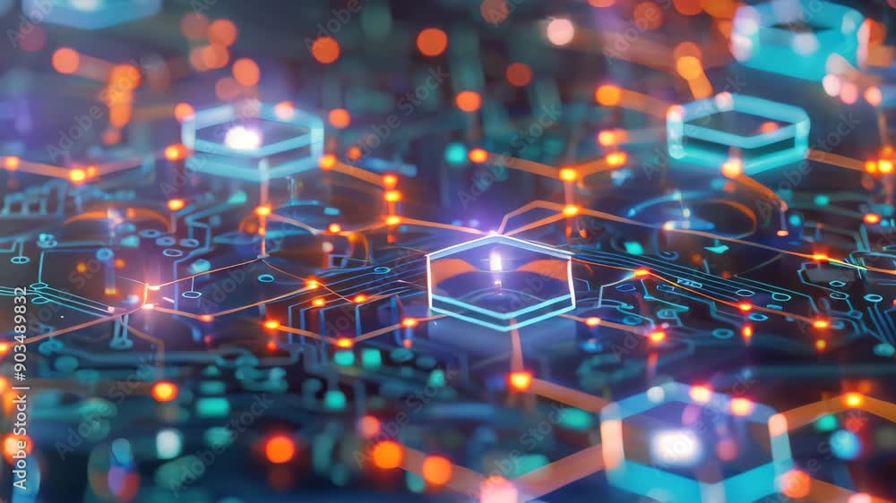 Poster detailed view of a computer circuit board showing intricate components and pathways, represent the i