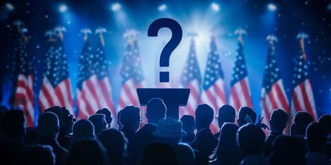 A crowd faces a podium with a question mark, surrounded by American flags, highlighting political uncertainty or an impending important announcement.