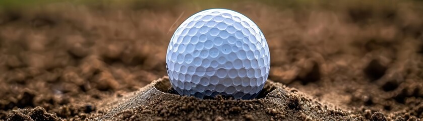 Close-up of a golf ball in a sand trap with a player preparing to hit, highlighting the challenge of the sport,The images are of high quality and clarity