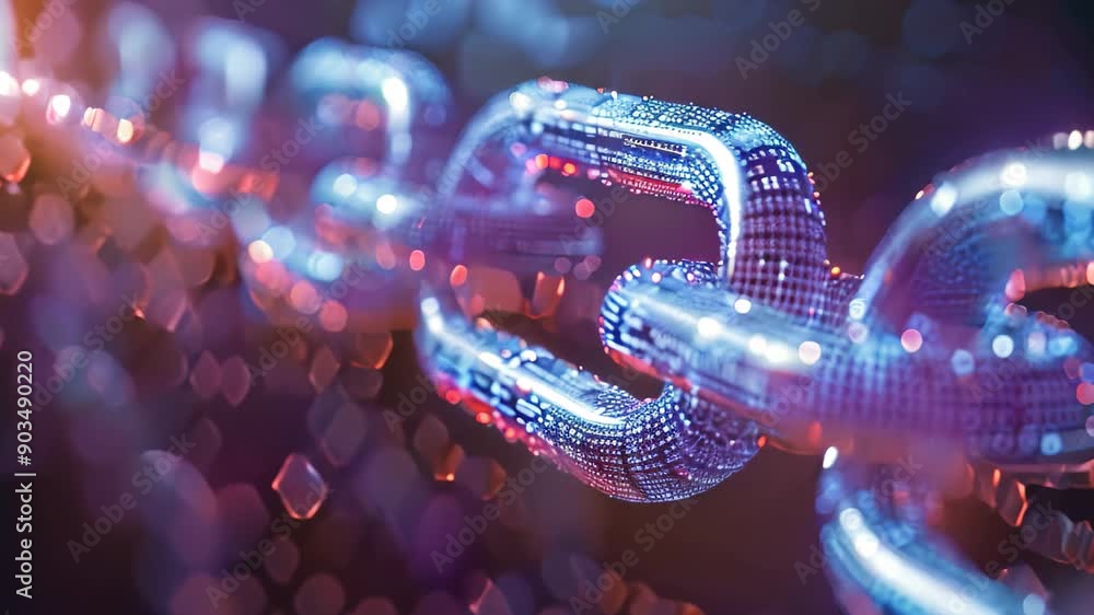 Poster detailed view of a blue and red chain displaying transparency and immutability, represent the transp