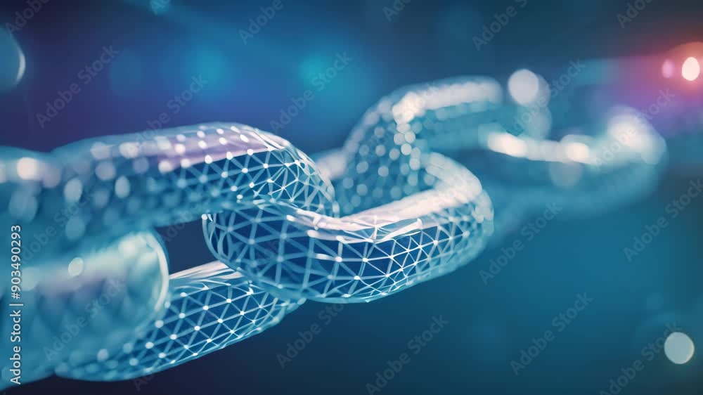 Poster detailed view of a blue chain against a dark black background, represent the transparency and immuta