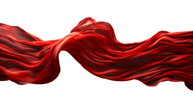 Red silk fabric flying in waves on a transparent background