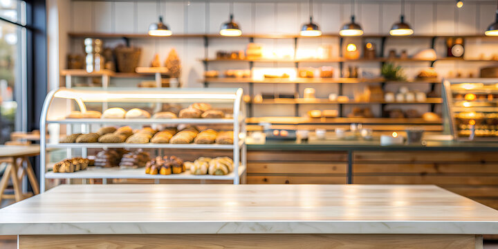 Empty white wooden table with blur background of bakery shelf