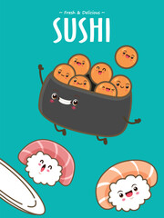 Vintage Japanese food poster design with vector sushi characters. 