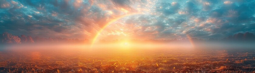 Fototapeta premium Rainbow stretching over a field of grass with clouds in the background, capturing a moment of serenity and wonder,The images are of high quality and clarity