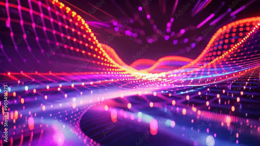 Poster dynamic energy ripples in neon colors with bright lights and intersecting lines creating an abstract