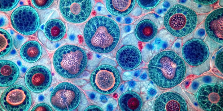 Microscopic view of human tissue cells under a microscope, biotechnology, natural, universe, observed, microscopic
