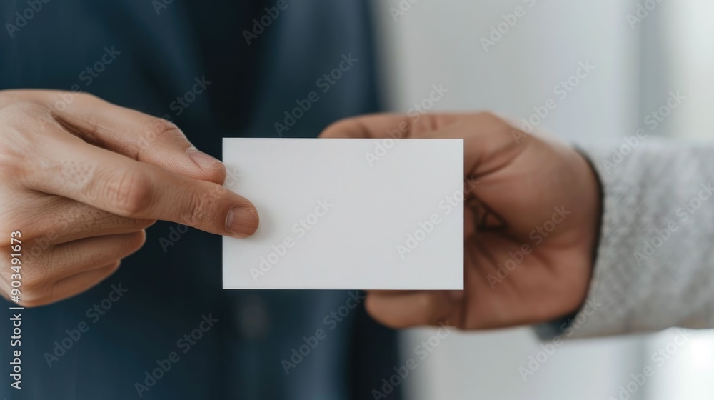 Poster close up shot of a modern business card design being handed over or exchanged between two people dur