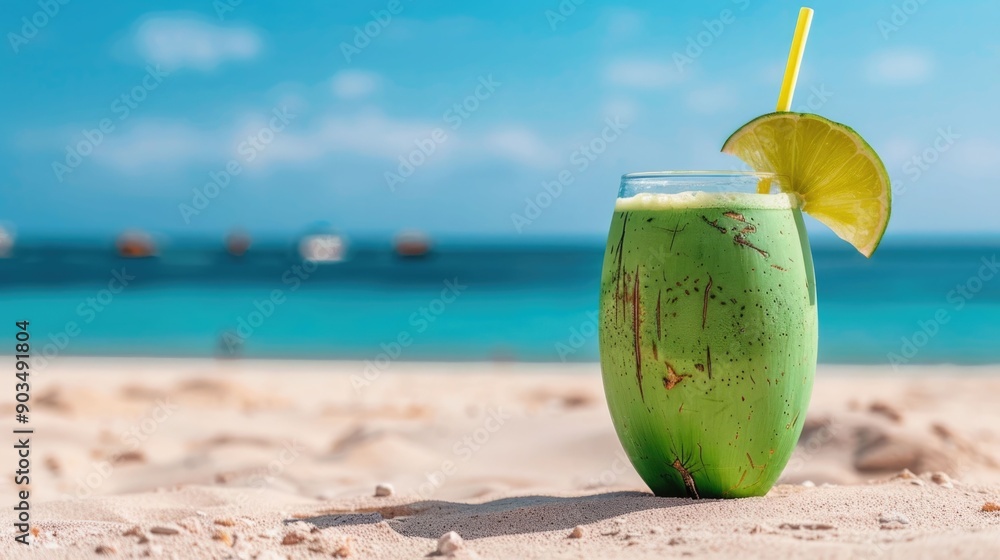 Aufkleber refreshing coconut water drink with a straw served on a sandy tropical beach with a deep depth of fi