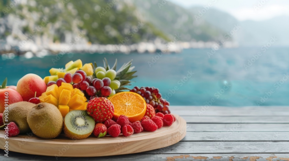 Aufkleber lush and colorful tropical fruit platter arranged on a wooden table against a scenic ocean backdrop 
