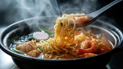 Steaming Bowl of Ramen Noodles with Shrimp