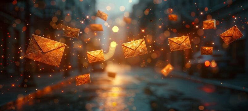 Gold Email Icons with Sparkling Lights on Black Background