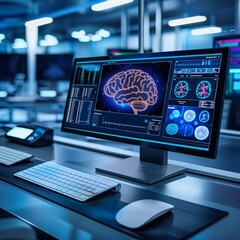 Modern workstation displaying brain scans and data analytics in a high-tech research lab, highlighting advanced technology in neuroscience.