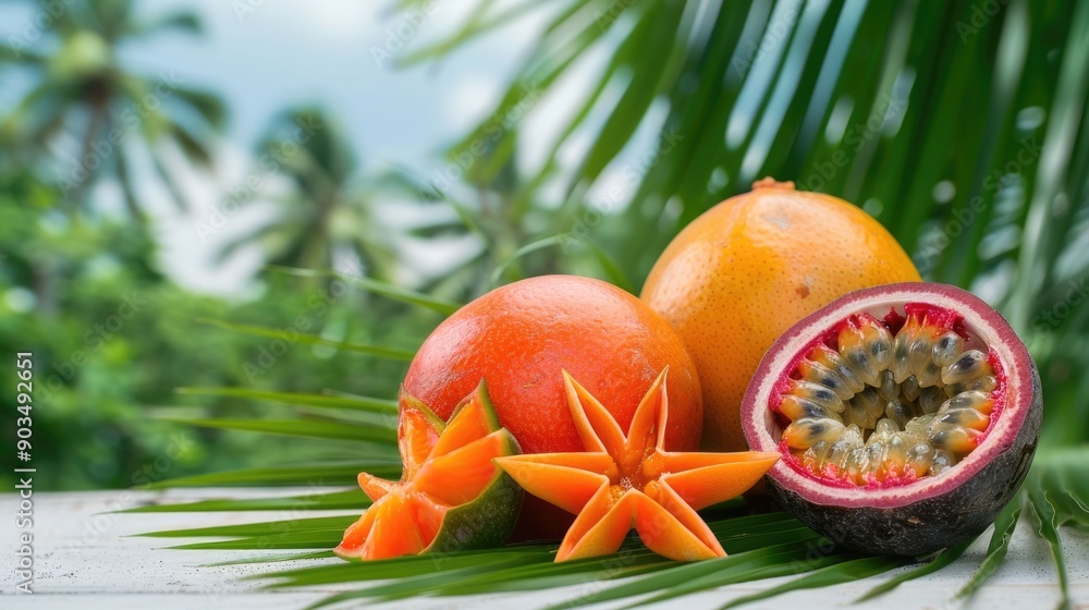 Aufkleber lush tropical display of vibrant starfruit and passion fruit against a backdrop of palm trees and a 