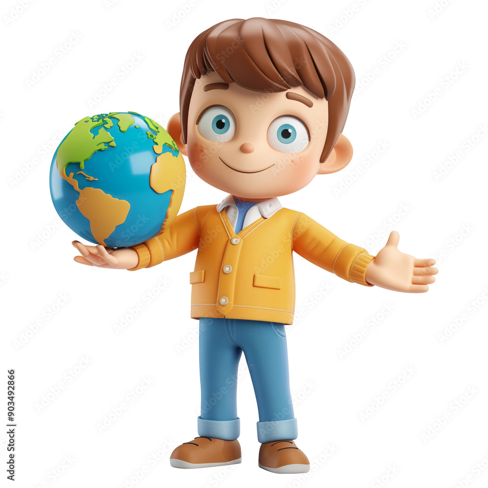 Poster 3d icon - boy presenting an earth globe, on isolated transparent background