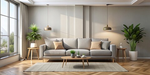 Modern living room with a comfortable sofa , minimalistic, elegant, contemporary, interior design, cozy, spacious