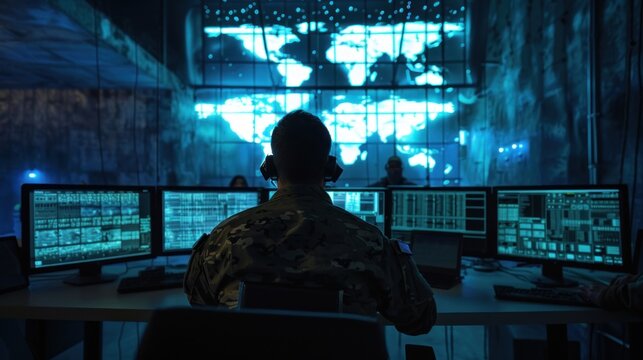 A soldier in a military uniform sits in front of a computer screen in a dark room with a glowing world map behind him.