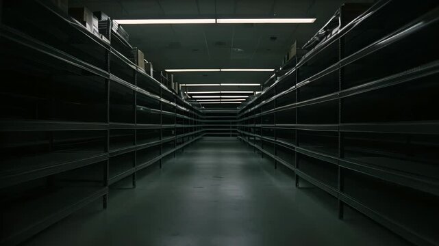A dark hallway lined with empty shelves disappearing into the distance, Rows of empty shelves stretching into the darkness