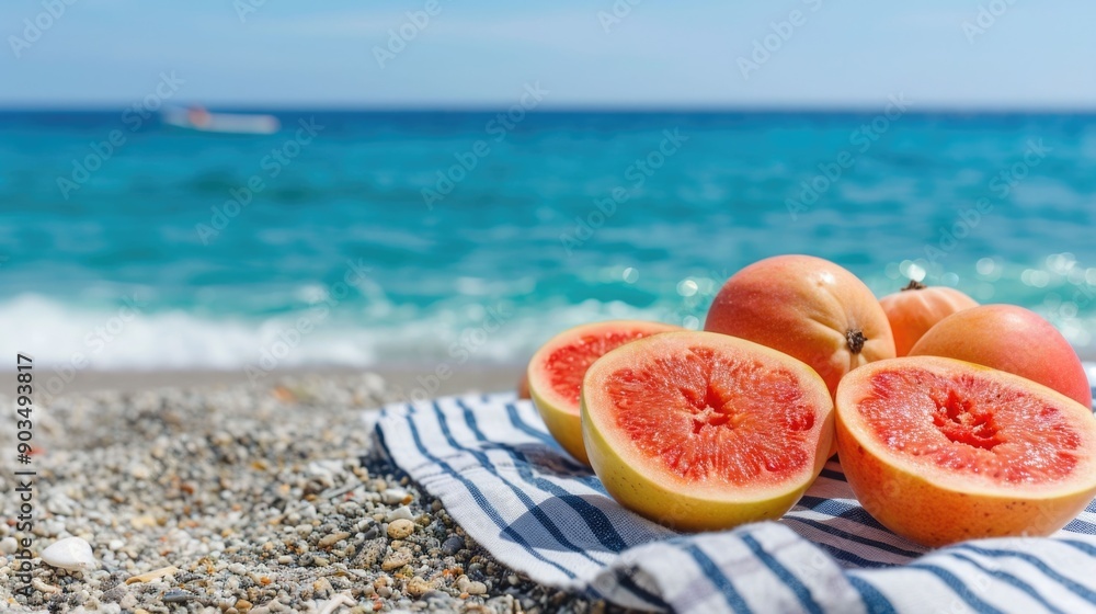 Aufkleber fresh juicy slices of guava fruit resting on a striped beach towel with a deep blue ocean and crashi