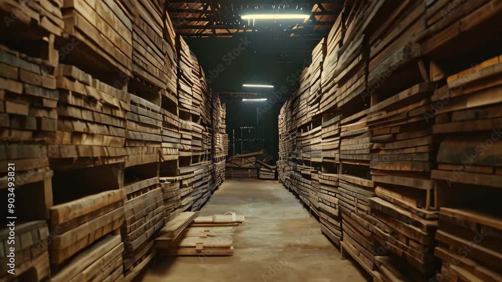 Poster a warehouse space overflowing with rows of neatly stacked wooden pallets, creating a vast storage ar