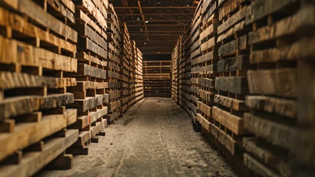 Rows of stacked wooden planks in a cavernous space, Rows of stacked wooden planks in a cavernous space