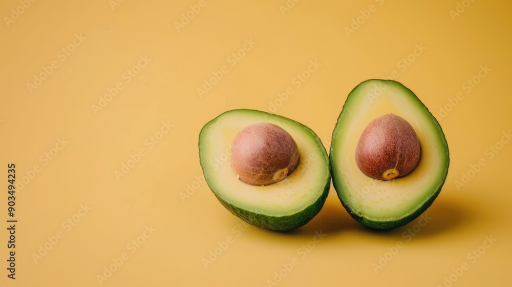 Aufkleber close up photograph showcasing two halves of a fresh ripe avocado set against a soft pastel hued bac