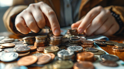 Rebuilding Finances: Person Managing Budget After Bankruptcy with Coins and Planner