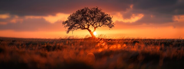  A solitary tree in a field, silhouetted against the sunset's backdrop Clouds scatter across the sky