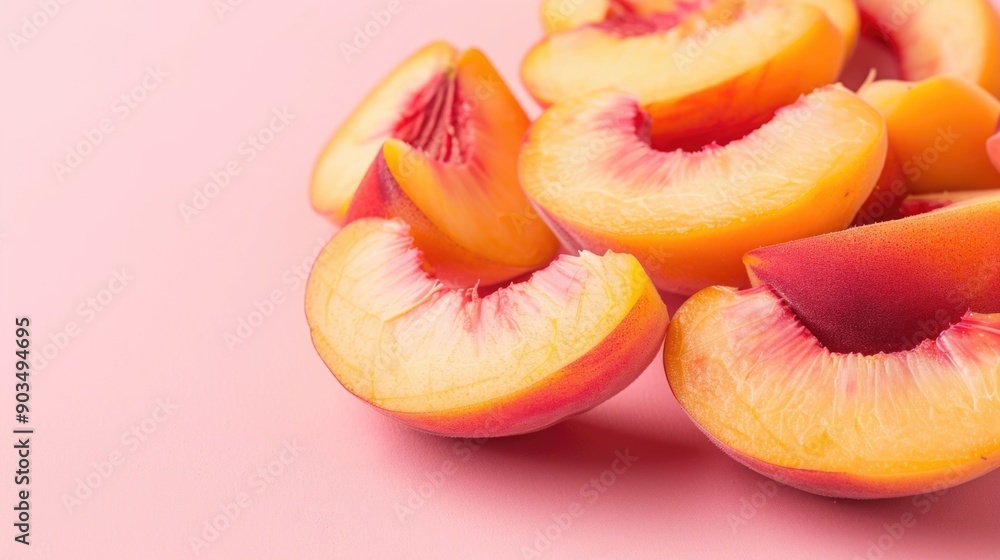 Aufkleber beautifully captured image of fresh ripe peach slices arranged on a soft pastel colored background w