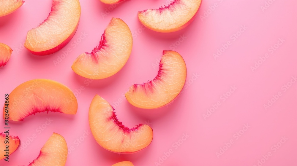 Aufkleber luscious ripe peach slices artfully arranged on a soft pastel colored background with a deep depth o