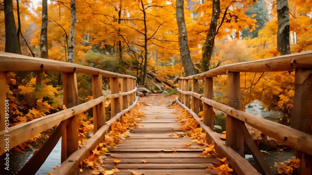 Poster a wooden bridge crosses over a stream surrounded by trees in a forest setting, rustic wooden bridge 